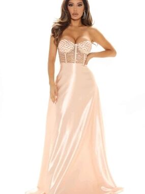 Strapless Blush Pink Satin Gown with Embellished Corset